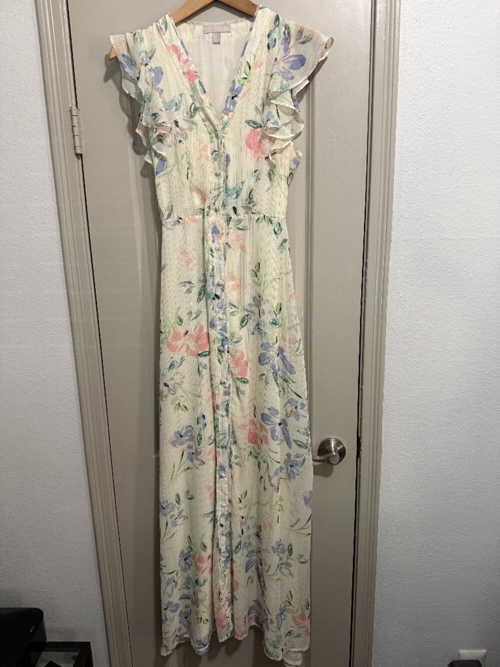 Chelsea28 Ruffle Sleeve Button Front Long Floral Maxi Dress Summer Spring Sz S